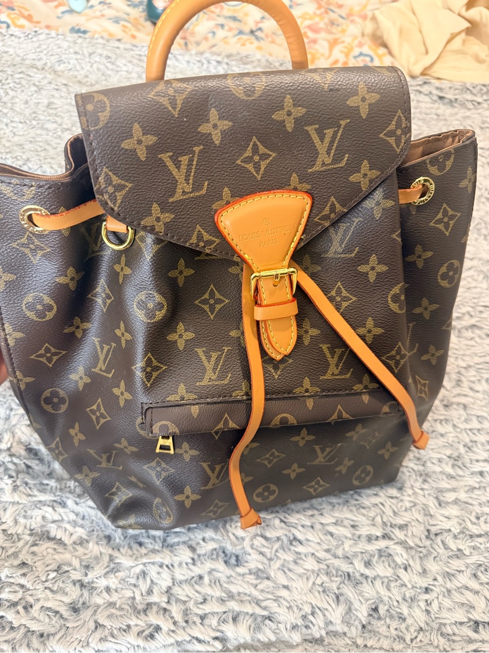 Brown Monogram Drawstring Backpack with Tan Trim